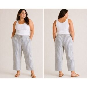Coldwater Creek Tan Striped 100% Linen Pants Plus Size 1X Drawstring Wide Leg